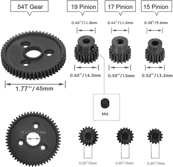 Globact 54T 0.8 32 Pitch Metal Steel 3956 Spur Gear with 15T/17T/19T Pinions Gear Set for Traxxas Slash 4x4 4WD/2WD VXL Rally VXL Stampede 4x4