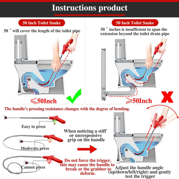 50 Inch Toilet Snake Drain Auger Cleaner Tool, Upgraded Grabber Unclogger Tool, Toilet Auger Clog Remover Tool, Stainless Steel Telescoping Rod