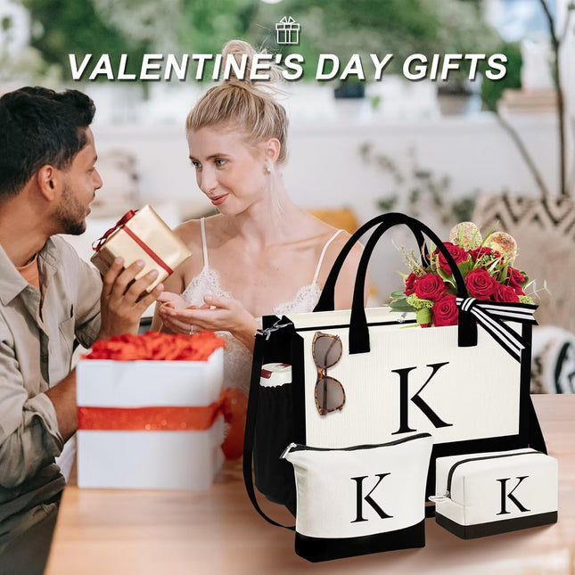 YOOLIFE Initial Canvas Tote Bag & Makeup Bag, Birthday Gifts for Women Mom Siste