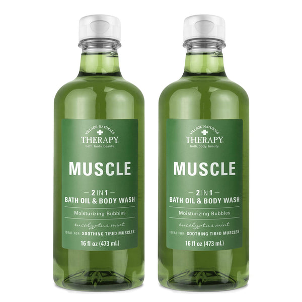 Village Naturals Therapy Muscle Foaming Bath Oil and Body Wash 16 Oz. 2 Pack, Green, 16 Oz