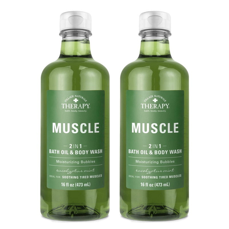 Village Naturals Therapy Muscle Foaming Bath Oil and Body Wash 16 Oz. 2 Pack, Green, 16 Oz