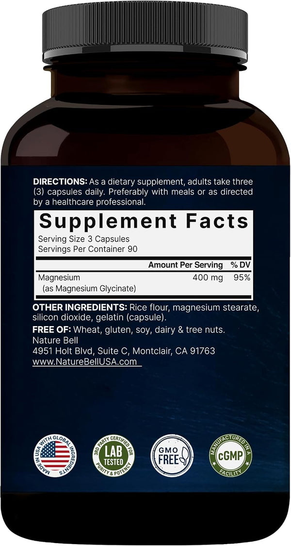 NatureBell Magnesium Glycinate 400mg Elemental, 270 Capsules | 100% Chelated for High Absorption | Supports Muscle, Bone & Heart Health | Non-GMO,