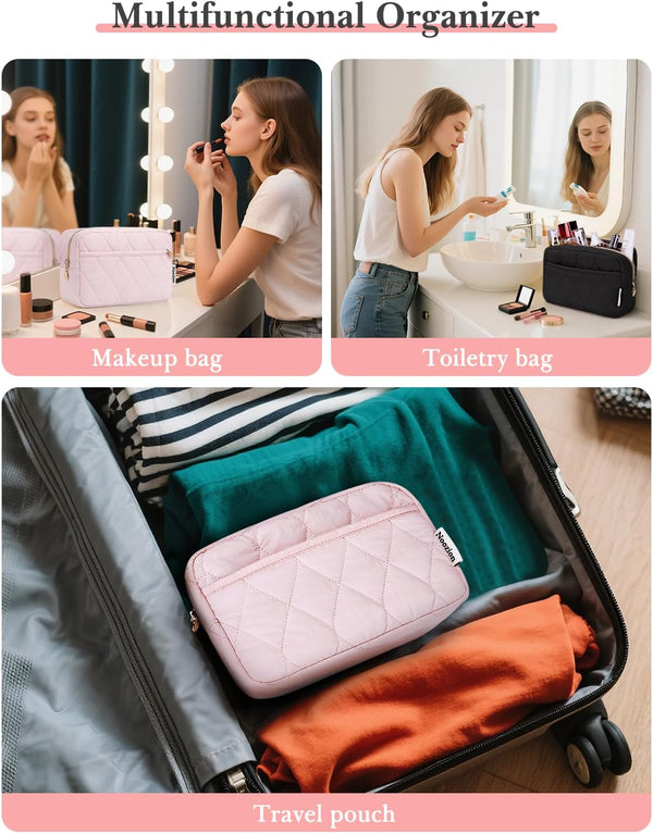 Noozion Makeup Bag Travel Toiletry Bag, Puffy Padded Cosmetic Bag for Women, Makeup Organizer Case, Wide-open Pouch Purse, Travel Essentials Black