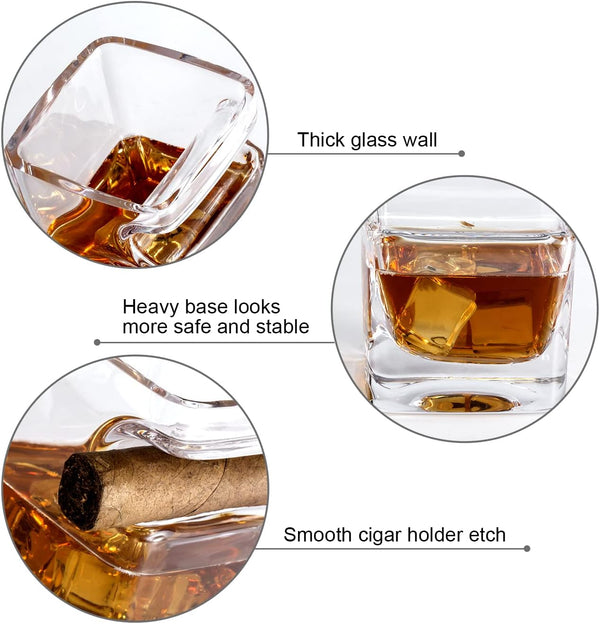 Cigar Whiskey Glasses Set of 2-12oz Old Fashioned Glass With Side Mounted Holder Rest - Crystal Wine Cup for Cocktails, Scotch, Bourbon, Gifts for Men