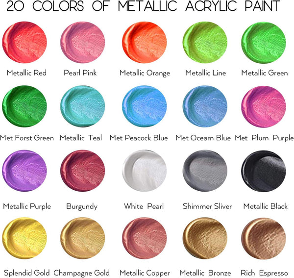 HissiCo Metallic Acrylic Paint Set of Premium 20 Colors, Professional Grade Metallic Paint with 2fl oz（60ml） Bottles, Non-Toxic, Rich Pigments -