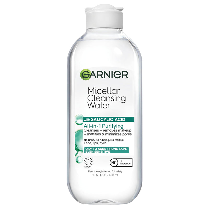 Garnier Micellar Water with Salicylic Acid, All-In-1 Mattifying Facial Cleanser and Makeup Remover for Oily and Acne Prone Skin, 13.5 Fl Oz