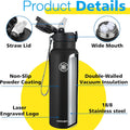 Han'S Bottle Sports Water Bottle - 24 Oz, Straw Lid, Leak Proof, Vacuum Insulated Stainless Steel, Double Walled, Thermo Mug,Black