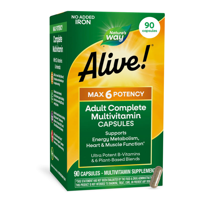 Nature's Way Alive! Max6 Potency Adult Complete Multivitamin, No Iron, 90ct | No Iron Added, Antioxidant Vitamins A, C, E, B-Vitamins Including