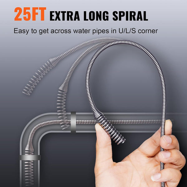 VEVOR Drain Auger 25Ft, Plumbing Snake with Drill Attachment, Plumbers Snake Drain Clog Remover for Kitchen Bathroom Shower Sink with Protective