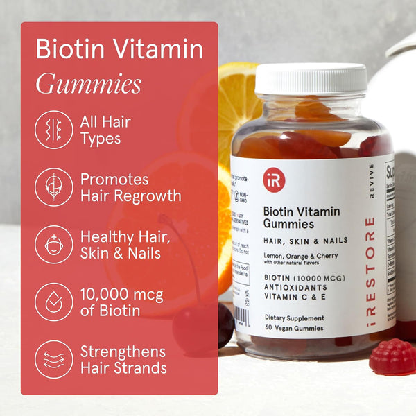 iRestore Biotin Gummies 10,000 mcg - 3 Natural Fruit Flavors, Hair Vitamins Multi Supplement for Hair Skin and Nails for Women & Men, 60 Vegan