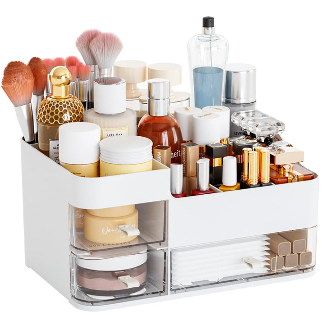 White Makeup Organizer with 3 Drawers, Large Capacity Plastic Cosmetic Storage f