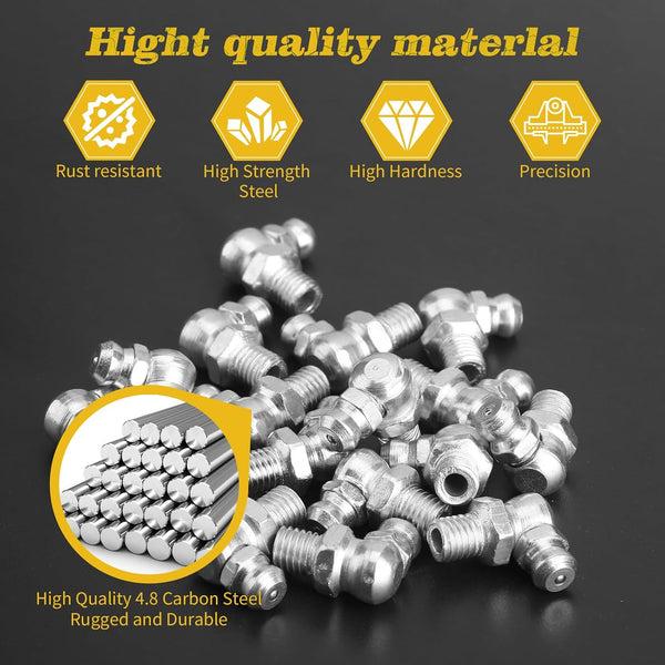 60Pcs Galvanized Steel Grease Fittings Kit, SAE 1/4" & 1/8" Grease Zerks Assortment with Straight 45° 90° Angled Zerk Fittings for Automotive &