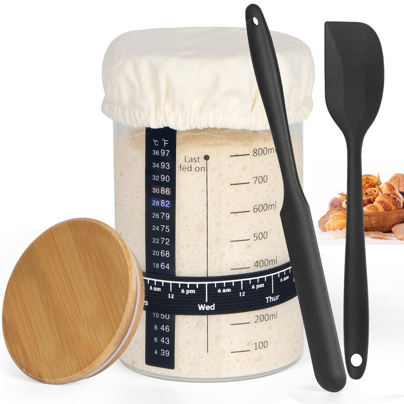 Sourdough Starter Jar Glass, 34 Oz DIY Wide-mouth Pro Sourdough Starter Jar Kit with Silicone Spatula,Cholkboard Sign, hermometer,Feeding
