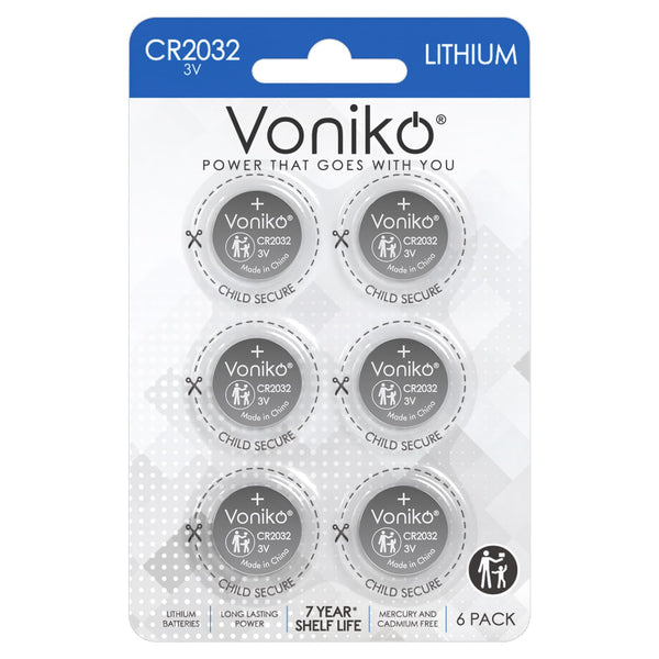 Voniko CR2032 3V Lithium Batteries 6 Pack for Child Safety, Compatible with AirTag, Key Fobs, Thermometers, Scales – 7 Years Shelf Life 6 Count
