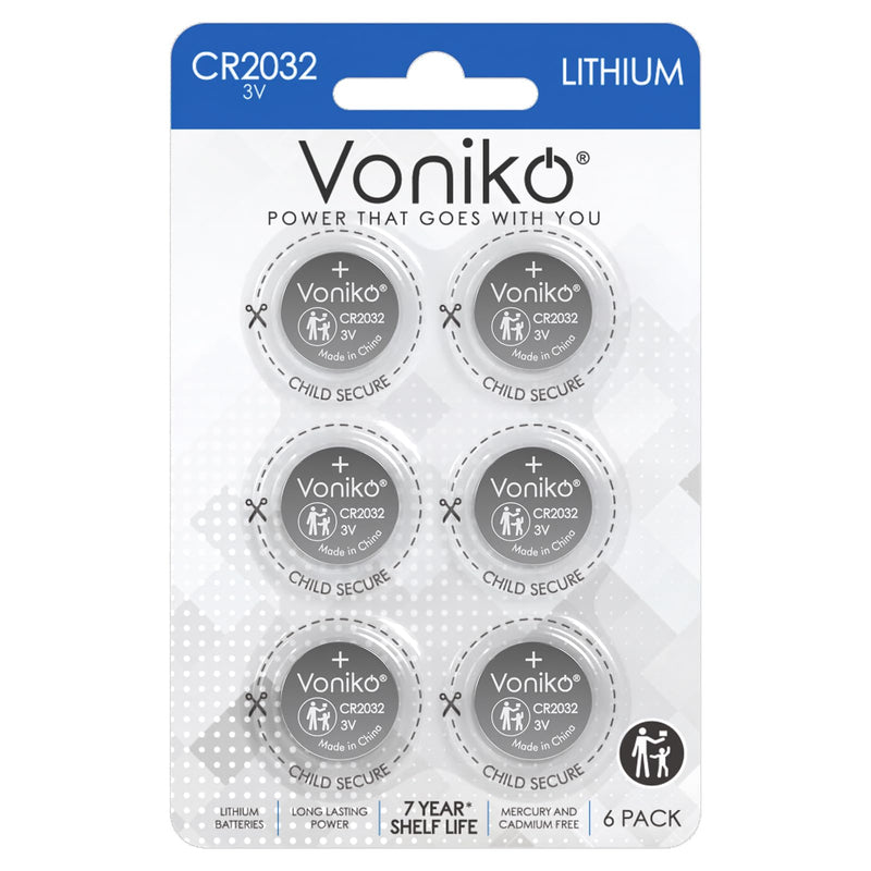 Voniko CR2032 3V Lithium Batteries 6 Pack for Child Safety, Compatible with AirTag, Key Fobs, Thermometers, Scales – 7 Years Shelf Life 6 Count
