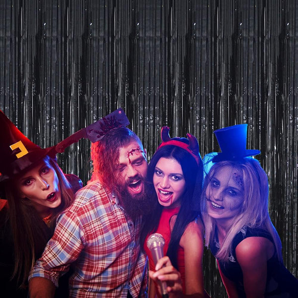 GOER 3.2 ft x 9.8 ft Black Photo Backdrop Party Streamers for Halloween,Birthday Party,1 Pack Black Metallic Tinsel Foil Fringe Curtains Party
