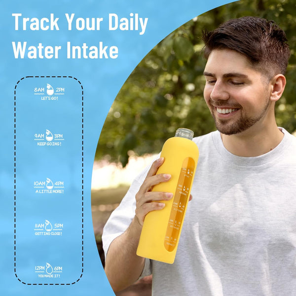 Sursip 32 Oz Glass Water Bottle with Time Marker,1 Liter Bpa-Free Reusable Motivational Water Bottle with Non-Slip Silicone Sleeve and Bamboo Lid,