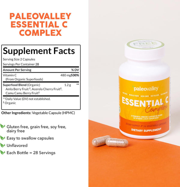 Paleovalley Essential C Complex - Vitamin C Supplement for Immune Support - 1 Pack, 450Mg - Organic Superfoods Unripe Acerola Cherry, Camu Camu,