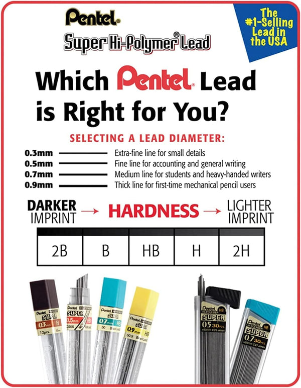 Pentel Super Hi-Polymer Mechanical Pencil Lead Refills | 0.5mm, 0.7mm, 0.9mm - 90 Lead refills (30 of Each Size)