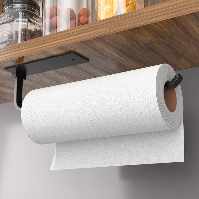 Paper Towel Holder - Self-Adhesive or Drilling, Matte Black, Upgraded Aluminum Kitchen Roll Dispenser under Cabinet, Lig