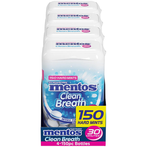 Mentos Clean Breath Hard Mints, Peppermint, 150 Piece Bottle (4 Pack) | Sugar Free, Green Tea Extract, Perfect for Long Lasting Fresh Breath at