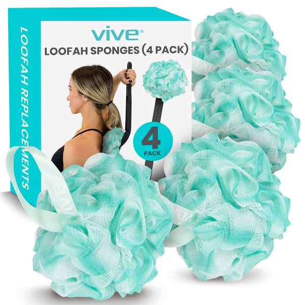 Vive Loofah Sponge Replacement (4 Pk) Shower & Bath Pouf Scrubber for Back & Body Exfoliation, Works with Vive Interchangeable Loofa Handle Long