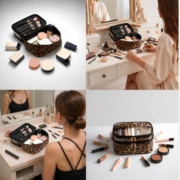 Double-layer Cosmetic Bag Makeup Bag Travel Makeup Bag Makeup Bags for Women Cosmetics Cases Portable Waterproof Foldable (Leopard) 00-Brown