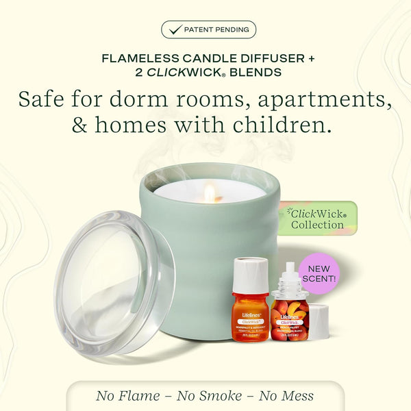 Lifelines Flameless Candle Aromatherapy Essential Oil Diffuser with Clickwick Essential Oil Blend - Cordless & Waterless Diffuser for Home -