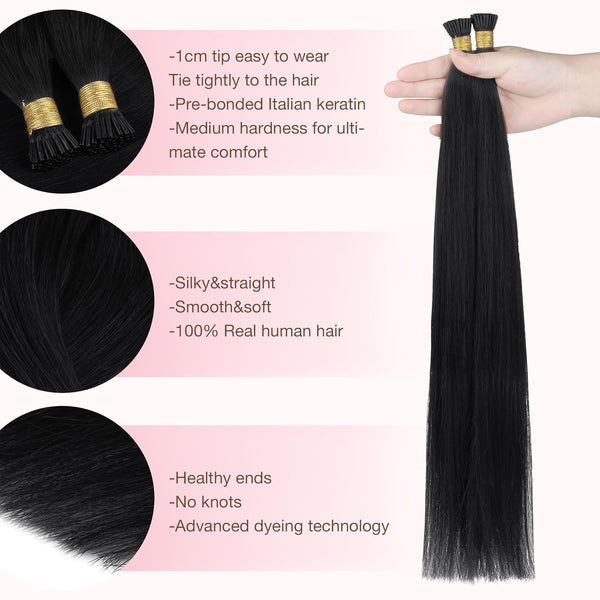 GOO GOO I Tip Hair Extensions Real Human Hair, 14inch 50g 100S, Cold Fusion I Tip Hair Extensions, Invisible Remy Hair Extension, 1 Jet black I-