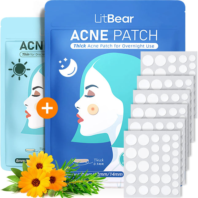 Litbear Acne Pimple Patches- Day and Night 4 Sizes 180 Dots Thin & Thick Hydroco