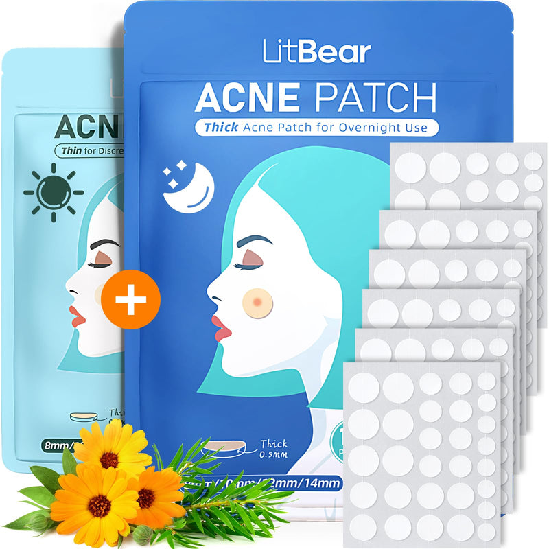 Litbear Acne Pimple Patches- Day and Night 4 Sizes 180 Dots Thin & Thick Hydrocolloid Patches with Witch Hazel, Tea Tree & Calendula Oil, Extra