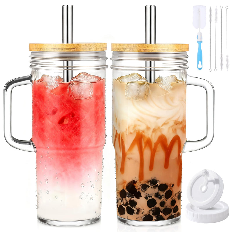 Birity 24oz Glass Cups with Lids and Straws,Glass Tumbler with Handle,2 set–Reusable Glass Ice Coffee Cups with Lid and Straw for