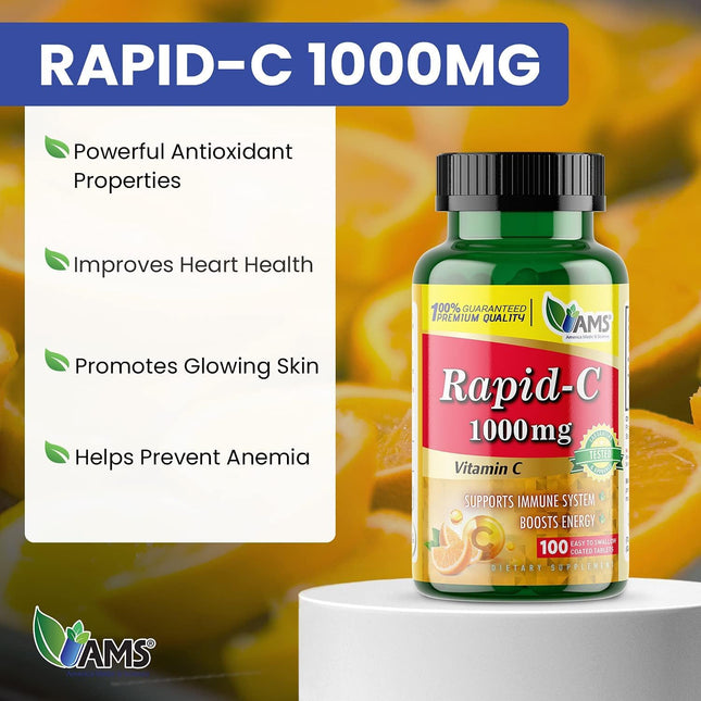 America Medic & Science Rapid-C 1000Mg Vitamin C Supplement (5 Pack of 100 Tablets) Energy Booster, Daily Immune System 