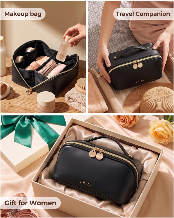 Prite Makeup Bag Travel Toiletry Bag Open Flat Cosmetic Organizer for Women Black Medium