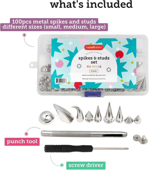 Incraftables Assorted Studs and Spikes Set (100pcs). Silver Spikes for Clothing (Small, Medium & Large) Kit. Metal Studs for Clothing for Crafts,
