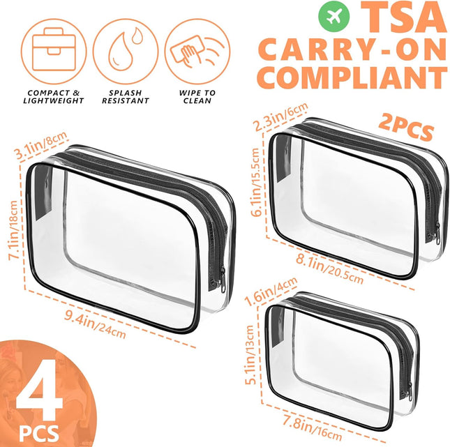 AURUZA 4 Pack Clear Toiletry Bag, Portable Travel Makeup Pouch with Zipper, TSA Approved Organizer, PVC Cosmetic for Air