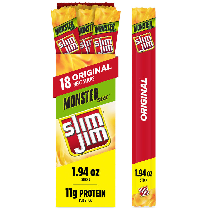 Slim Jim Monster Smoked Meat Sticks, Original Flavor, High Protein, 1.94 oz. (18 Count) Original 34.92 Ounce (Pack of 1)