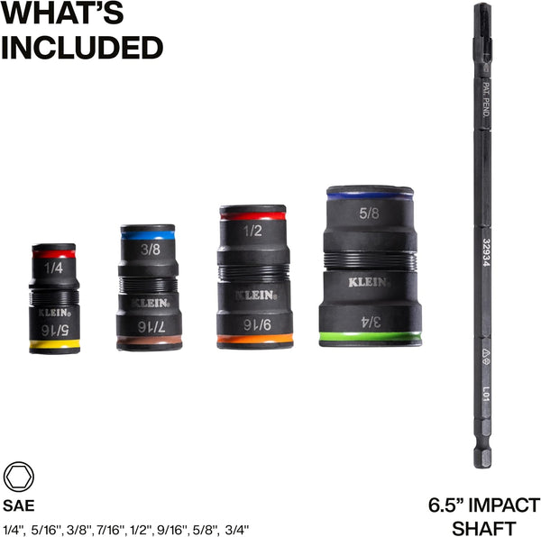 Klein Tools 32934 Impact Driver, 9-in-1 SAE Impact Socket Set, 4 Flip Sockets with 1/4, 5/16, 3/8, 7/16, 1/2, 9/16, 5/8, and 3/4-Inch Nut Driver