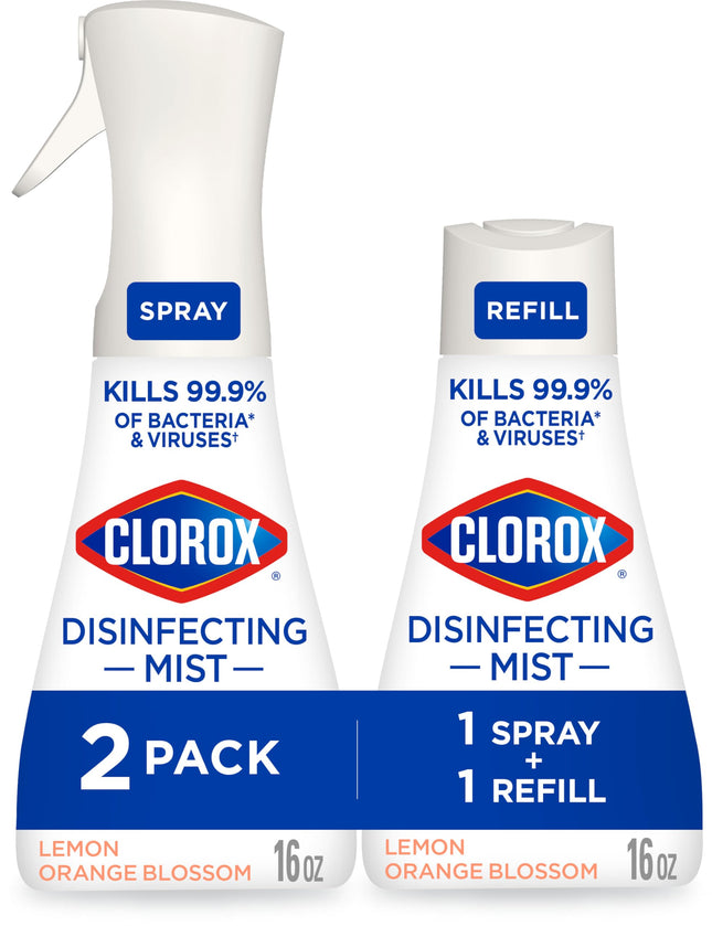 Clorox Disinfecting Mist, Lemon and Orange Blossom, 1 Spray and 1 Refill, 16 oz Each 16 Fl Oz (Pack of 2) Lemon Orange B