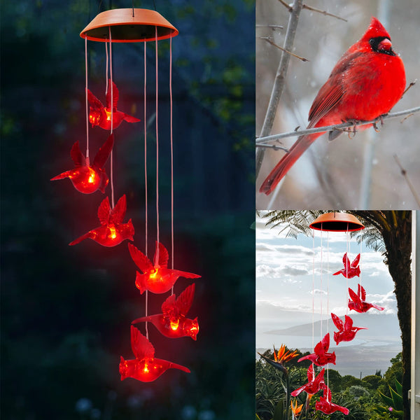 Solar Cardinal Wind Chimes Lights for Outside Garden Patio Decor | Red Bird Hanging Windchimes for Home/ Outdoors, Memorial Gifts Gifts for Mother