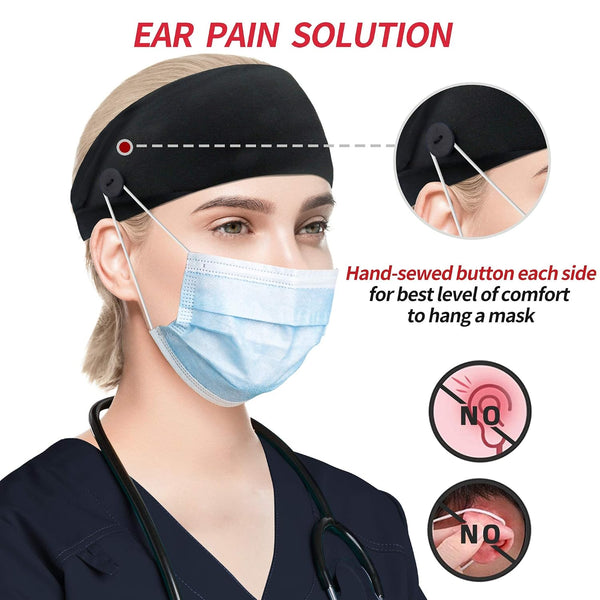 ABAMERICA Headbands with Button for Mask, Wide Nurses Headbands Non Slip Elastic Ear Protection for Women Men Doctors Sweatband Headband A-77
