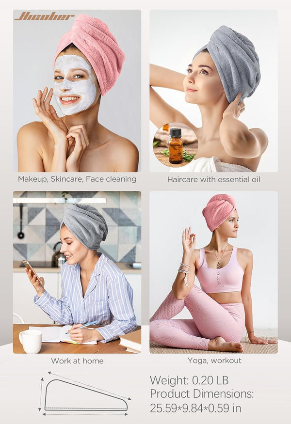Hicober Microfiber Hair Towel Wrap for Women,Quick Dry, Pink Grey, 2-Pack Pink,grey Large