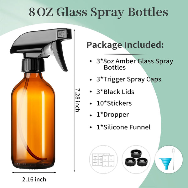 GIVAMEIHF 8oz Amber Glass Spray Bottles,3 Pack Glass Spray Bottles Refillable Empty Bottle with Adjustable Nozzle,Spray Bottle for Essential