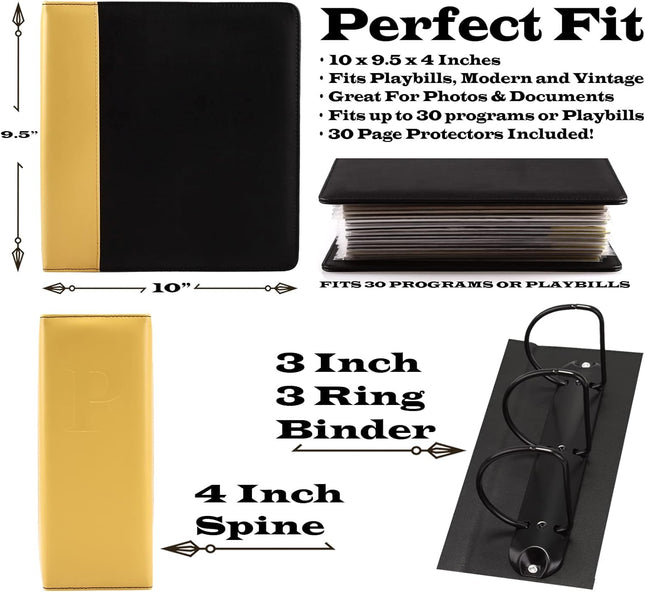 2Fold Binder for Holding Broadway Play Program and Theater Programs with 30 Custom Sheet Protectors - PU Leather - Fits 