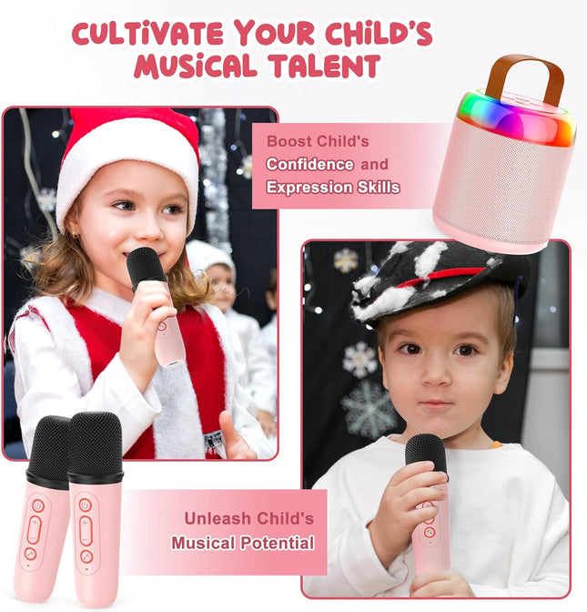 Mini Karaoke Machine for Kids Portable Bluetooth 5.3 Speaker Led Lights with 2 Wireless Microphones Karaoke Gifts for Gi