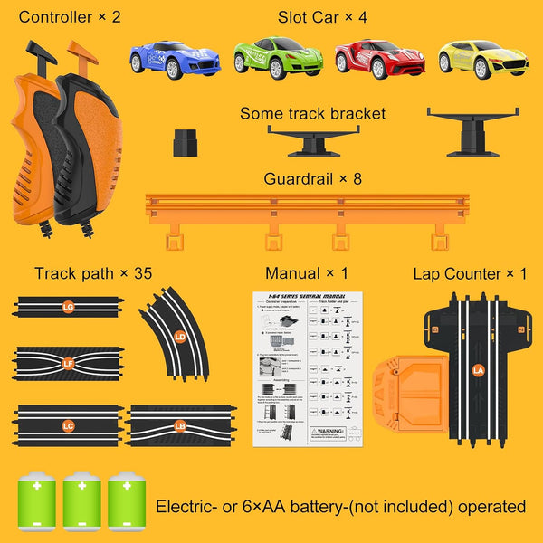 Slot-Car-Race-Track-Sets for Boys Kids, Battery or Electric Race Car Track with 4 High-Speed Slot Cars, Dual Racing Game 2 Hand Controllers