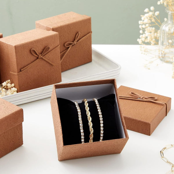 Juvale Bracelet Gift Box 6-Pack - 3.5 x 3.5 x 2.3 in, Brown Country-Rustic Cardboard - Velvet Pillow & Faux Leather Bow Lid - Tiny Jewelry Gift