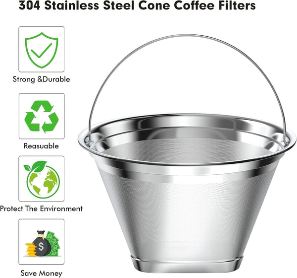 Stainless Steel Reusable Coffee Filter Compatible with Ninja Coffee Maker, 4 Cone Coffee Filters Coffee Basket, Permanent Coffee filters fit for
