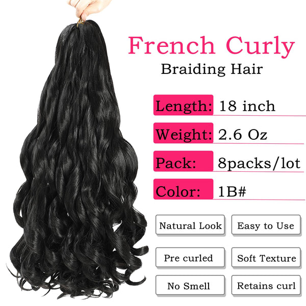 French Curly Braiding Hair 18 Inch 8 Packs Black Color - Pre Stretched Bouncy Braiding Hair- Loose Wavy Synthetic Hair Extensions For Black Women