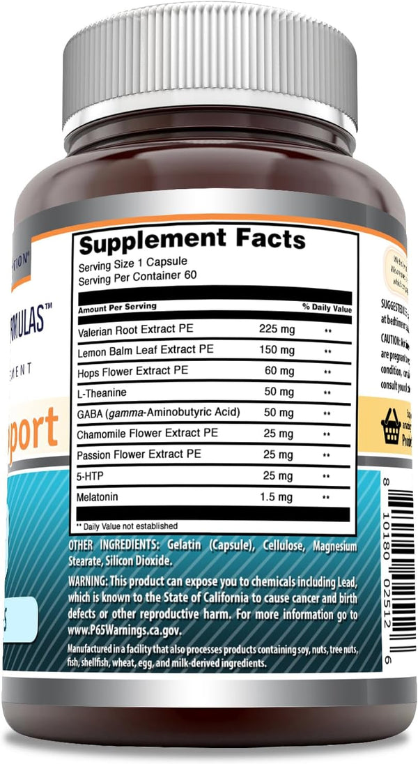 Amazing Formulas Sleep Support | Blend of Melatonin, Valerian Root, Chamomile Extract, GABA, 5-HTP, Theanine & More | 60 Capsules Supplement |